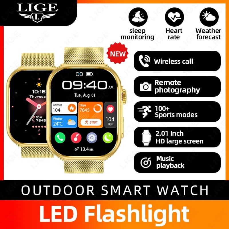 LIGE Smartwatch Uomo Donna con Torcia, Display HD da 2.01”, Chiamate Bluetooth con AI Voice, Orologio Sportivo, Monitoraggio Salute, Nuovo