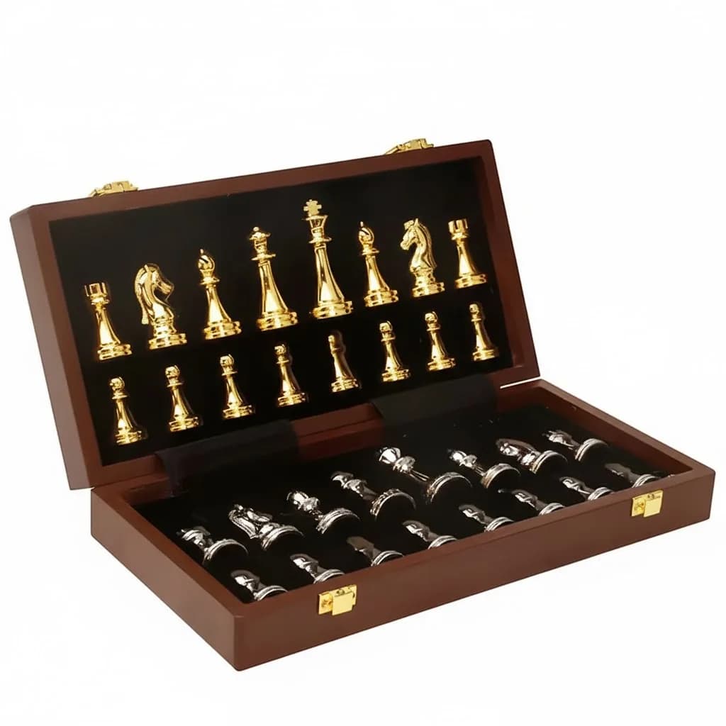 Set di scacchi da gioco da tavolo retrò 39 cm, design portatile di lusso, pezzi degli scacchi in metallo, scacchiera pieghevole, bel regalo