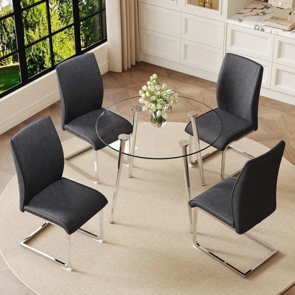 Set Tavolo da Pranzo in Vetro per 4 Persone, Tavolo Rotondo in Vetro Temperato da 98 cm con Gambe in Metallo Argento, Tavolo e Sedie Rotondi con Finto Legno, Personalizzabile