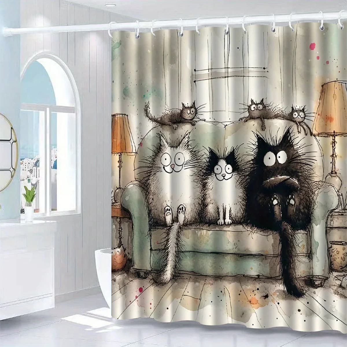 Tenda da doccia con gatti carini sul divano - Anti-muffa, decorazione da bagno impermeabile, regalo unico, design elegante, adorabile