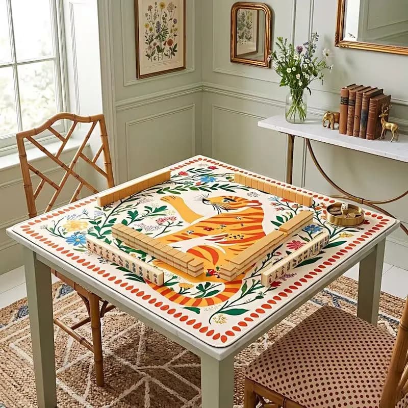 VIKAMA Folk Art Orange Tiger Floral Mahjong Mat Non Slip Silent Rubber Foldable Waterproof Game Pad Home Party Decor