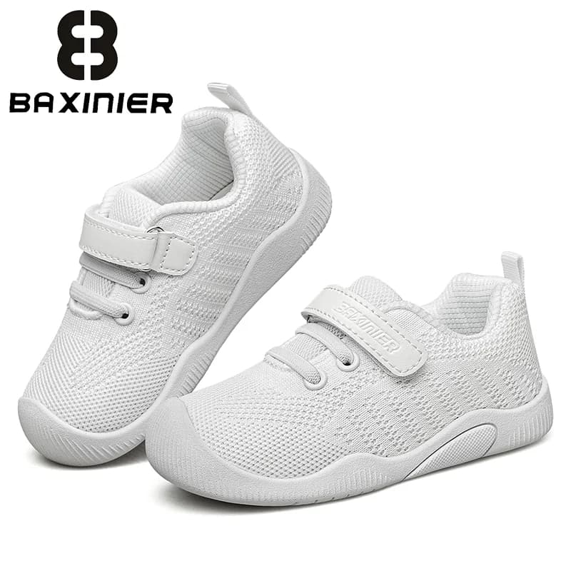 BAXINIER Kids Girls Boys White Velcro Sneakers Lightweight Breathable Casual Sport Shoes Youth Children Easy On Walking Shoes
