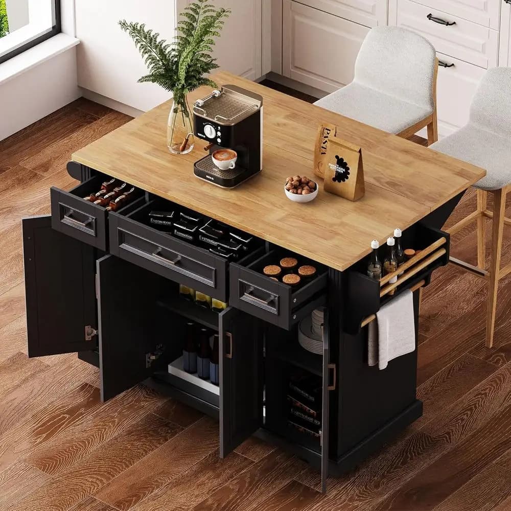 Isola da Cucina 54 Pollici con Top in Rovere Impiallacciato, Piano Ribaltabile, Carrello Portaoggetti, Armadietto, Cassetti, Portaspezie e Portasciugamani