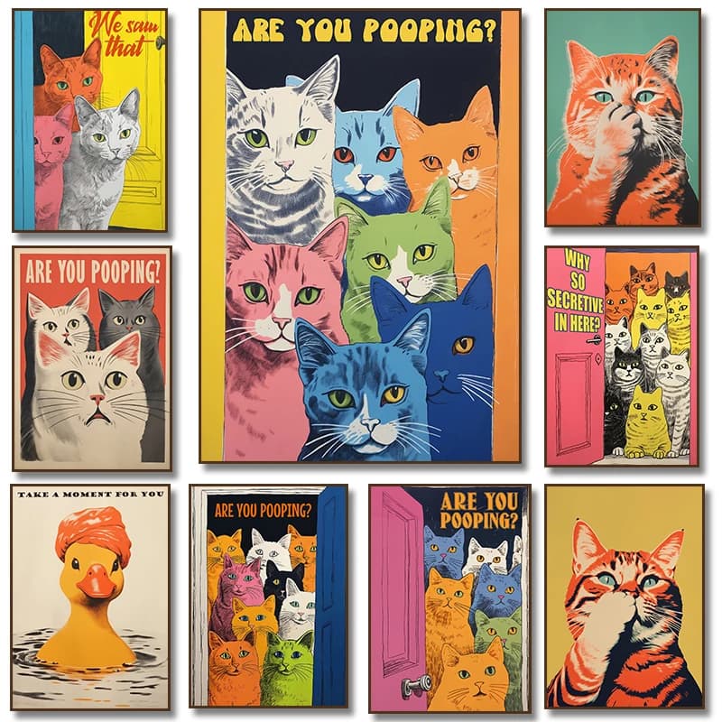 (No frame)Are You Pooping Posters Bathroom Funny Bathroom Sign Canvas Prints Cute Orange Cat Art for Painting Wall Pictures T