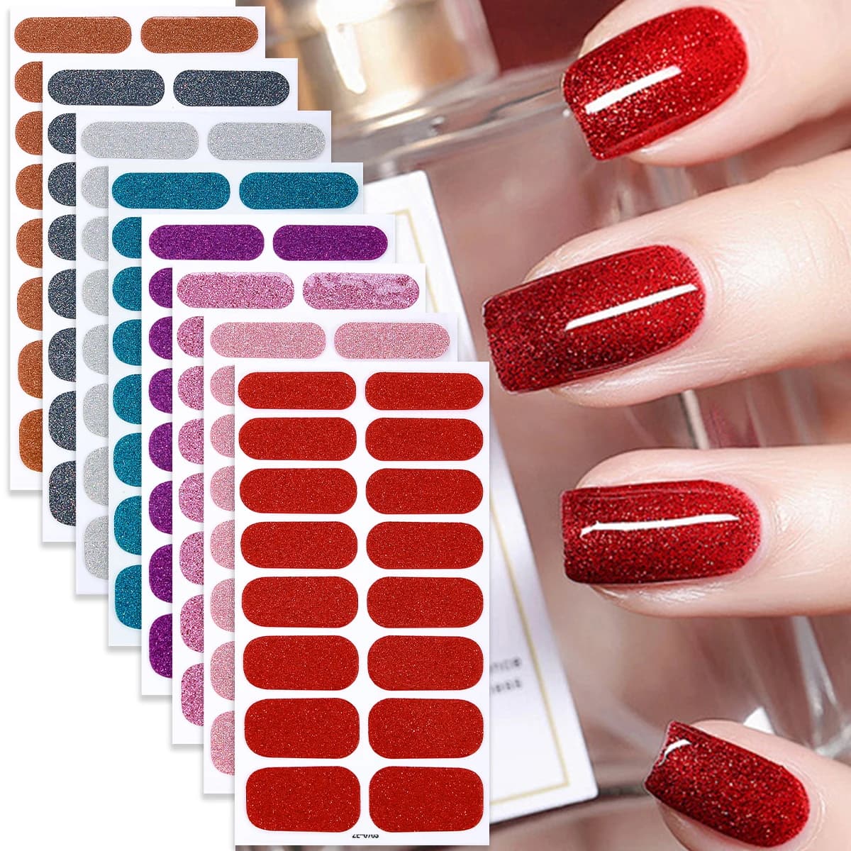 16 punte/8 fogli adesivi per unghie a copertura totale strisce di smalto glitter rosso scintillante autoadesivo decorazione artistica per manicure fai da te
