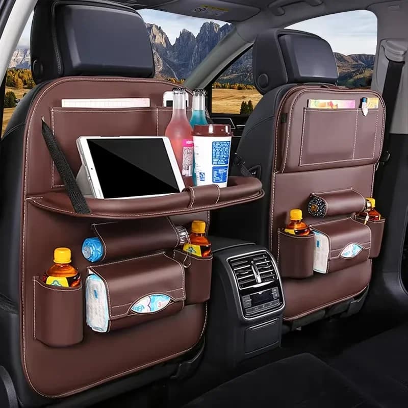 Rear Seat Organizer Bag for Car with Foldable Handkerchief Box for Table Tray