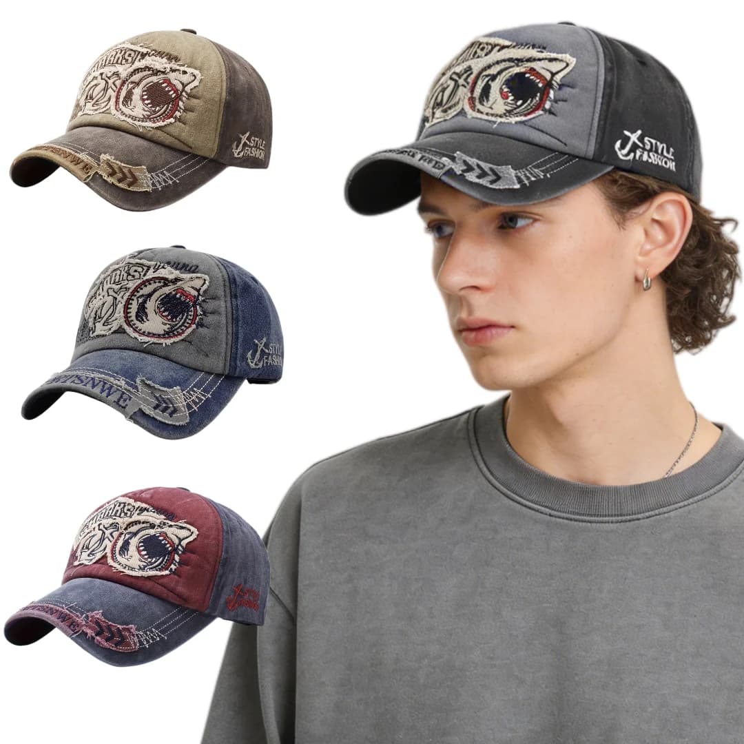 Cappellino da Baseball Unisex Regolabile, Stile Vintage Lavato e Invecchiato con Ricamo a Forma di Squalo, Cappello Primaverile e Autunnale