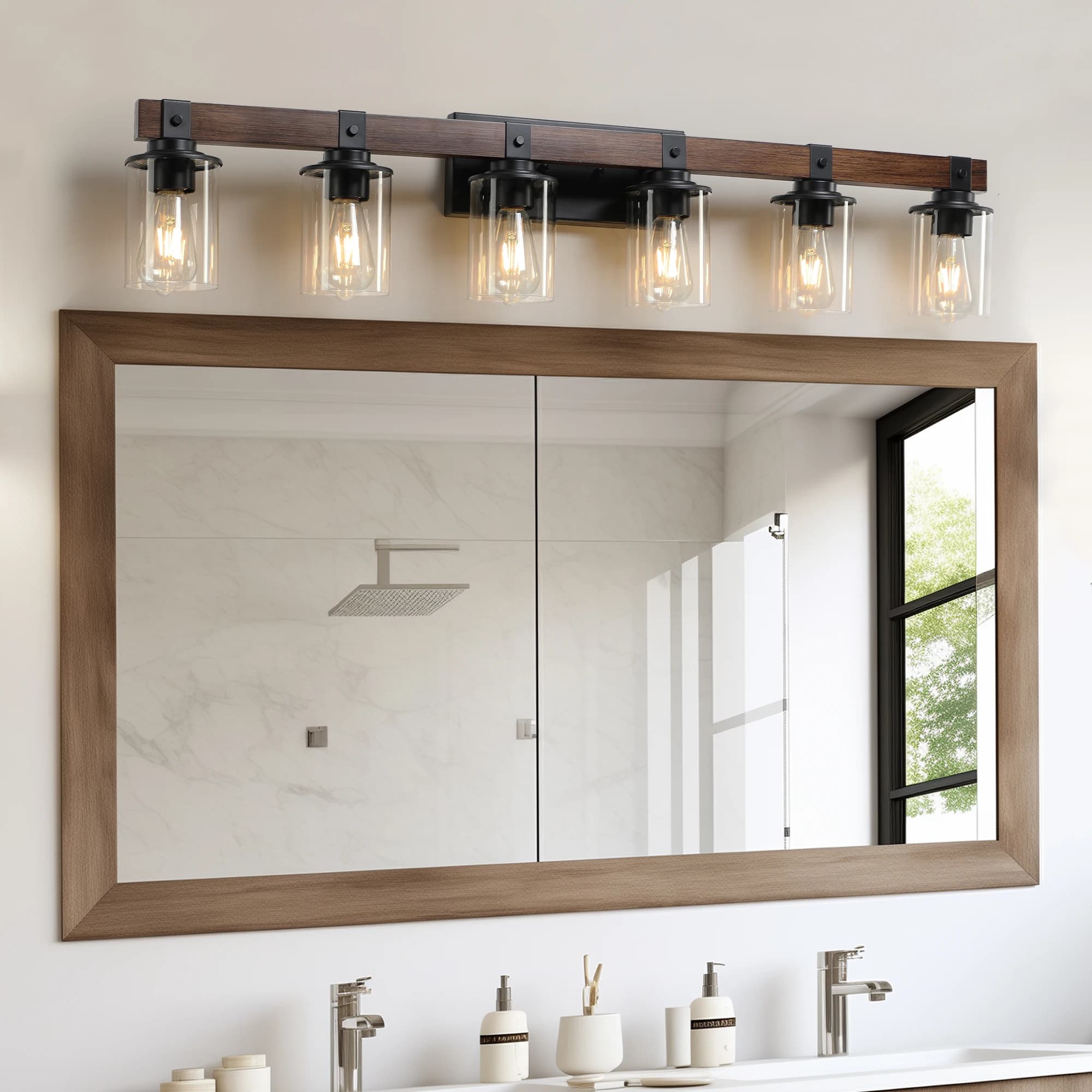 Applique da parete per bagno Vintage rustica da 42.3 pollici a 6 luci con luci anteriori a specchio da toeletta con paralume in vetro trasparente