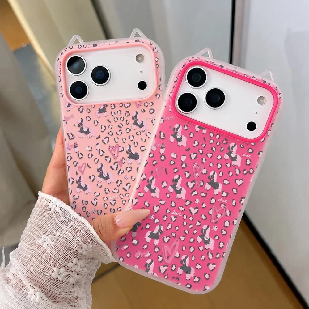 Pink Leopard Print TPU Phone Case For iPhone 17 17 Pro Max 16 15 12 13 14 Cat Ear For iPhone 17 Pro 11 Capinha Capa Two-in-One
