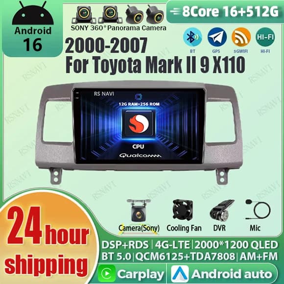 Android 15 Carplay Auto Qualcomm 2K QLED Schermo Lettore di autoradio per Toyota Mark II 9 X110 2000-2007 GPS Wifi 4G DSP Multimediale