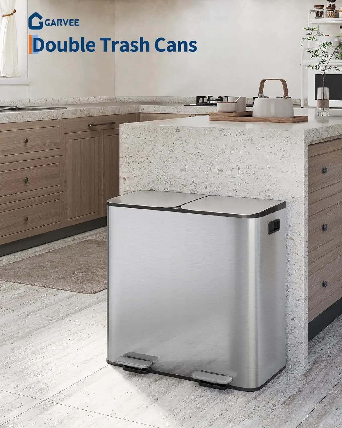 Bidone della Spazzatura Doppio in Acciaio Inox con Coperchio, Pedale e Contenitori Rimovibili per Rifiuti e Riciclo