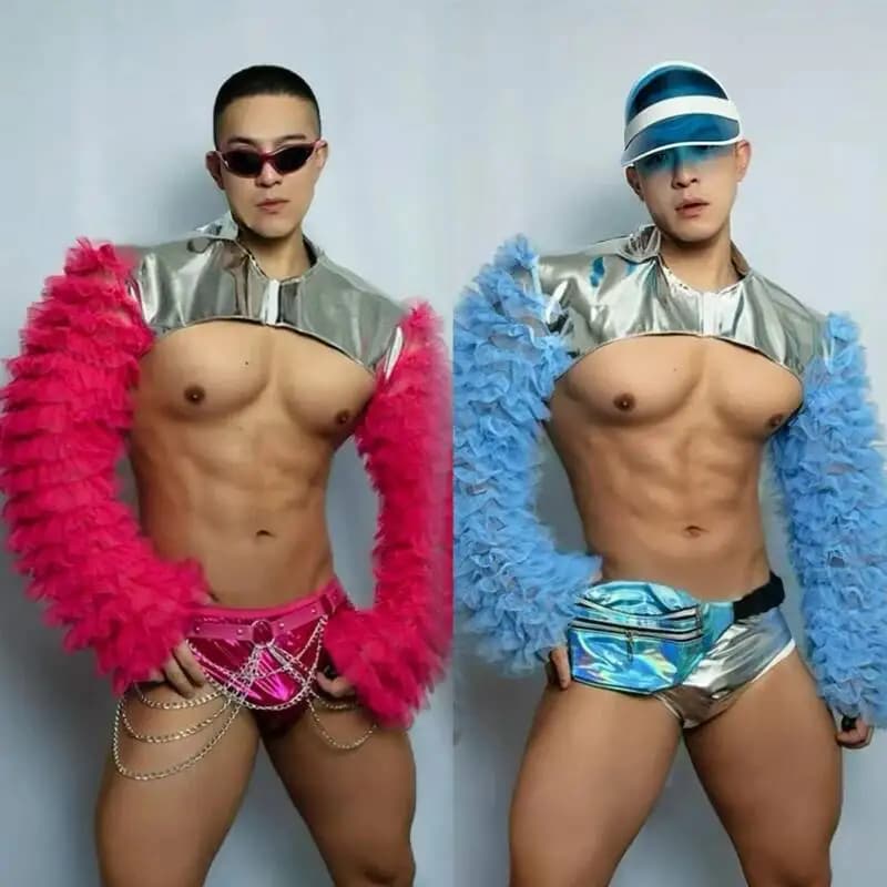 Costume da Ballerino Gogo Muscle Man, Giacca con Maniche in Pizzo, Pantaloncini Laser, Abbigliamento Sexy da Uomo per Pole Dance, Nightclub, DS, DJ, Spettacoli sul Palco