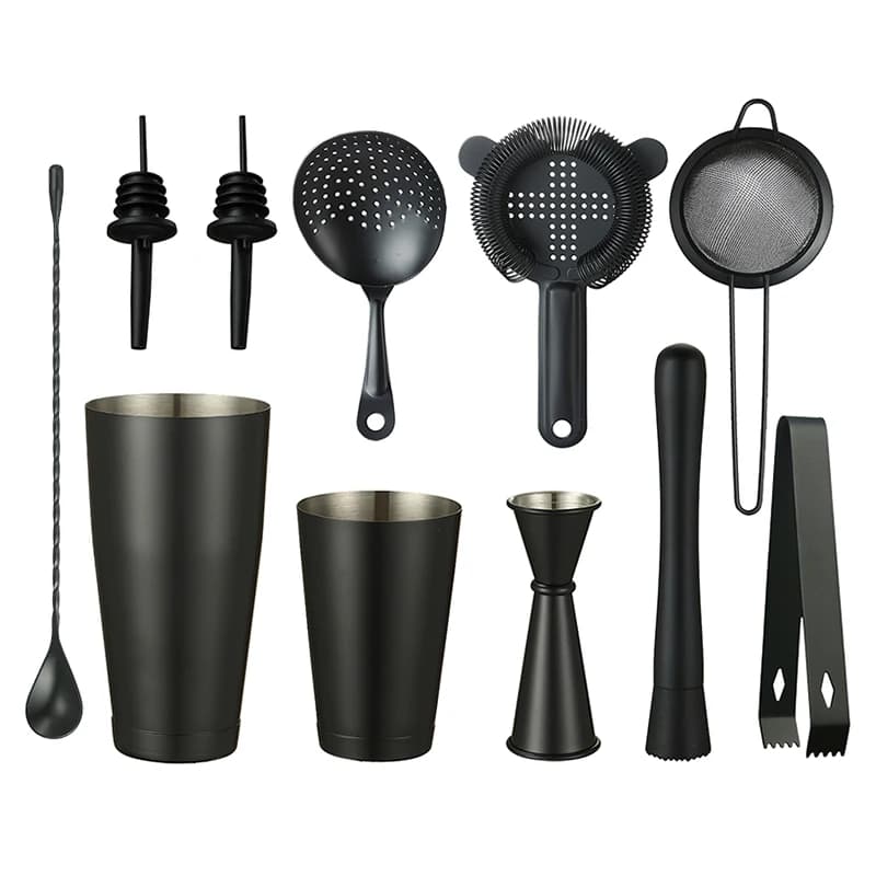 Set cocktail shaker bar: 2 shaker Boston ponderati, set colino da cocktail, jigger, trottomino e cucchiaio, pinza per il ghiaccio e versatore da 2 bottiglie
