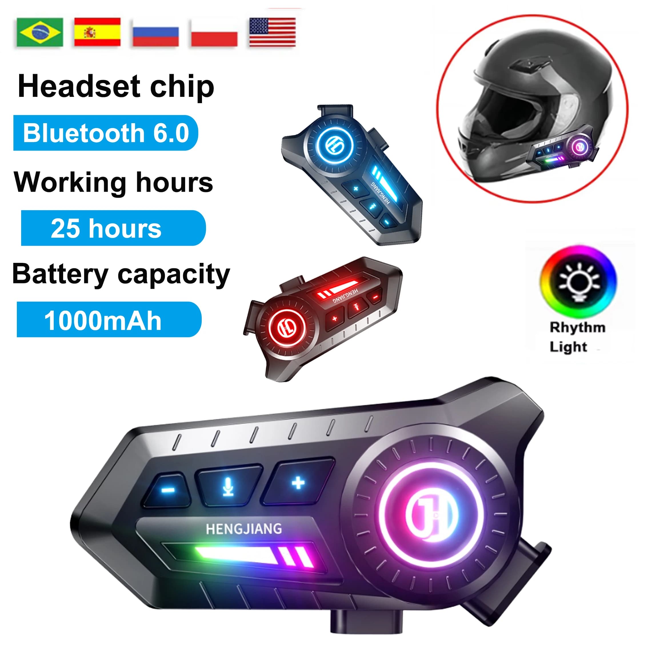 Auricolare per casco moto Bluetooth 6.0 1000mAh Auricolare per moto Cuffia wireless per moto a mani libere con luce ambientale