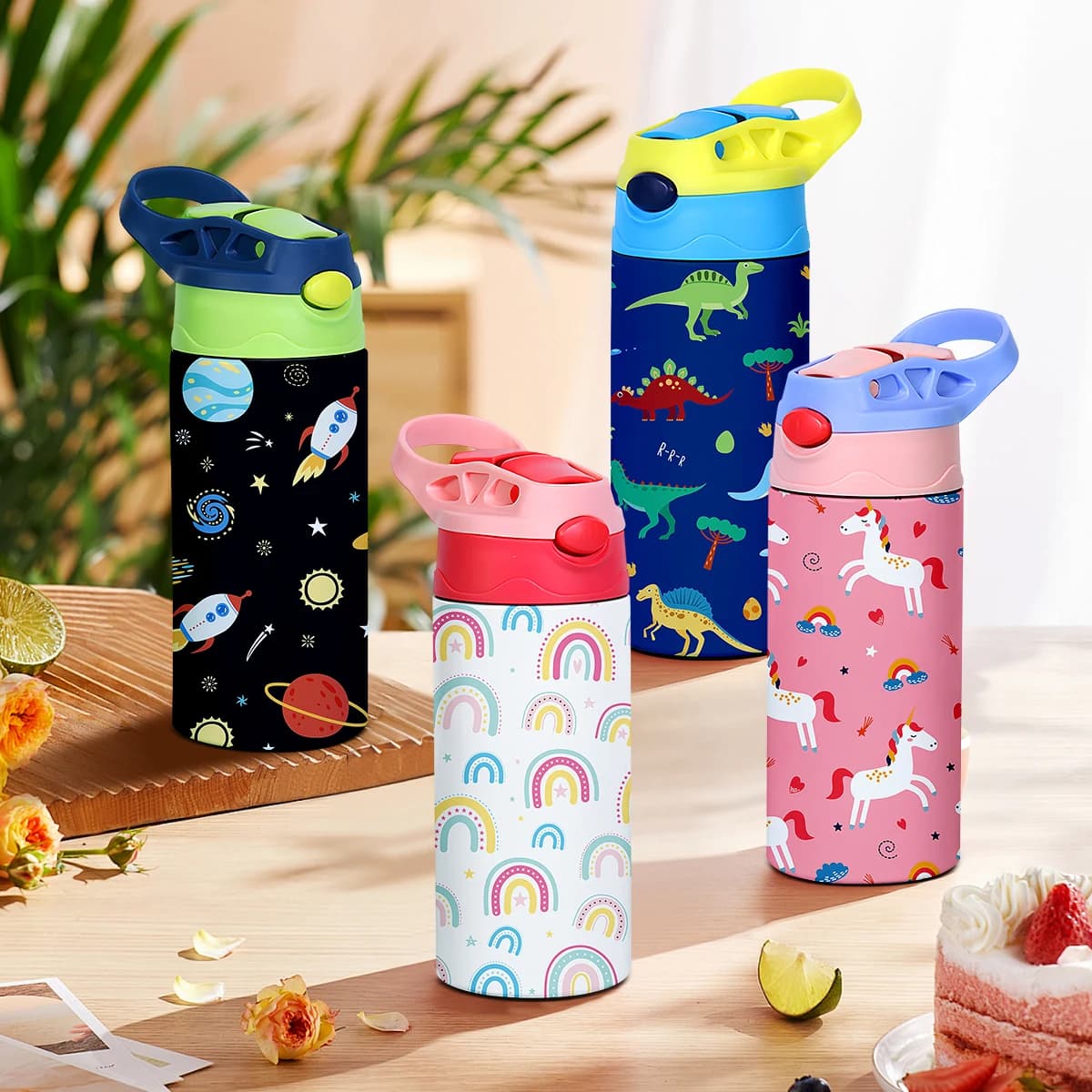 Bottiglia d'acqua isolata per bambini con tazza sottovuoto modello cartone animato da 350 ml Bollitore portatile con tazza termica in paglia animale carino per la scuola all'aperto