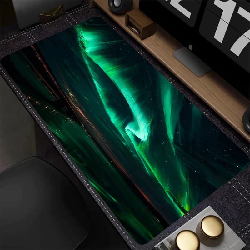 Tappetino per mouse grande Aurora verde, tappetino da scrivania con paesaggio naturale unico, tappetino per tastiera da gioco in gomma antiscivolo versione estesa 900x400