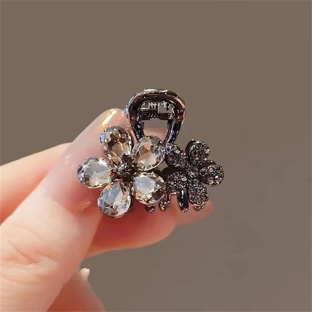 Antique Black Alloy Hair Claw Clip with Smoky Gray Faceted Resin Dual Blossom Cluster Motif and Micro Bead Pave Detail