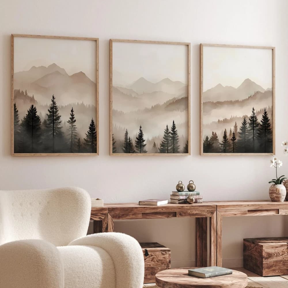 Set di 3 Stampe d'Arte Astratta con Montagne e Foreste, Triptico Minimalista Moderno, Paesaggio Nebbioso, Arte Murale Neutra con Tema Naturale, Regalo