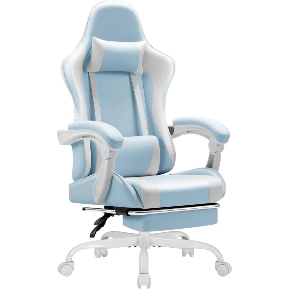 Sedia da Gaming con Poggiapiedi, Massaggio Lombare, Rotazione a 360°, Altezza Regolabile, Poggiatesta per Ufficio, Camera da Letto, Studio, Blu e Bianco