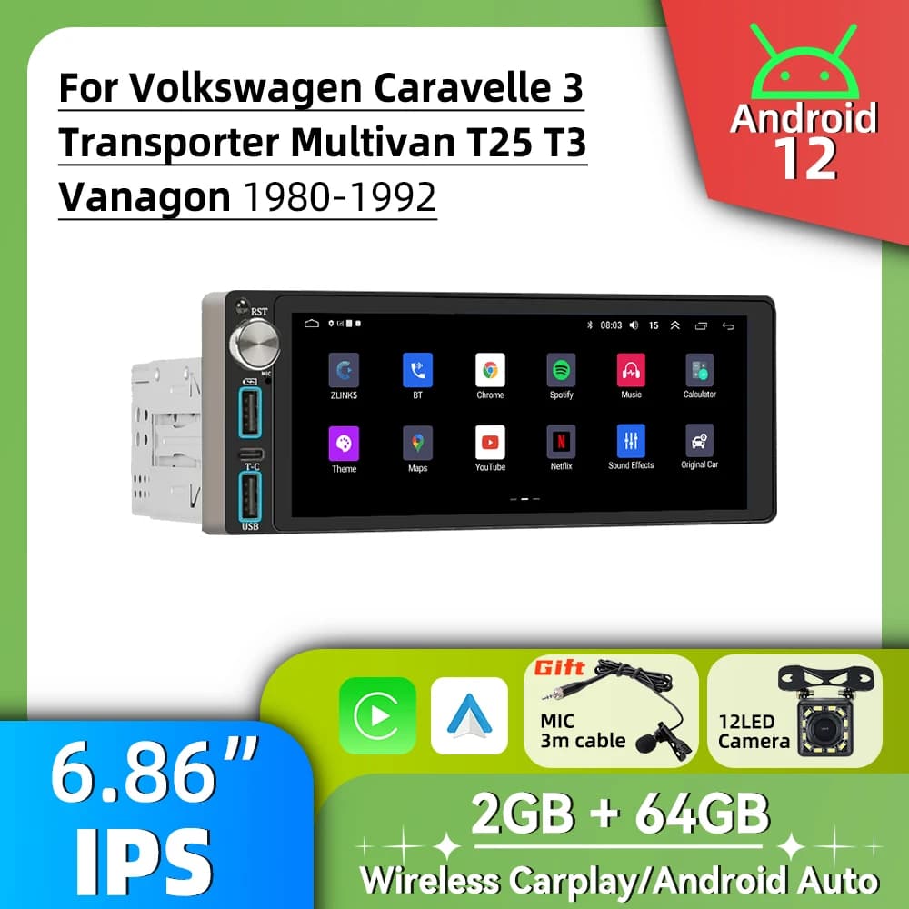 1Din Car Radio Autoradio Android Multimedia for VW Volkswagen Caravelle 3 Transporter Multivan T25 T3 Vanagon 1980-1992 Stereo