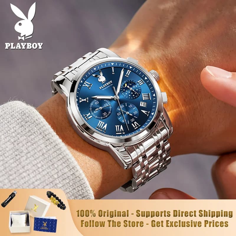 PLAYBOY 3026 Orologi originali di marca per uomo, orologio da uomo di lusso con cinturino in acciaio massiccio, cronografo, calendario, al quarzo