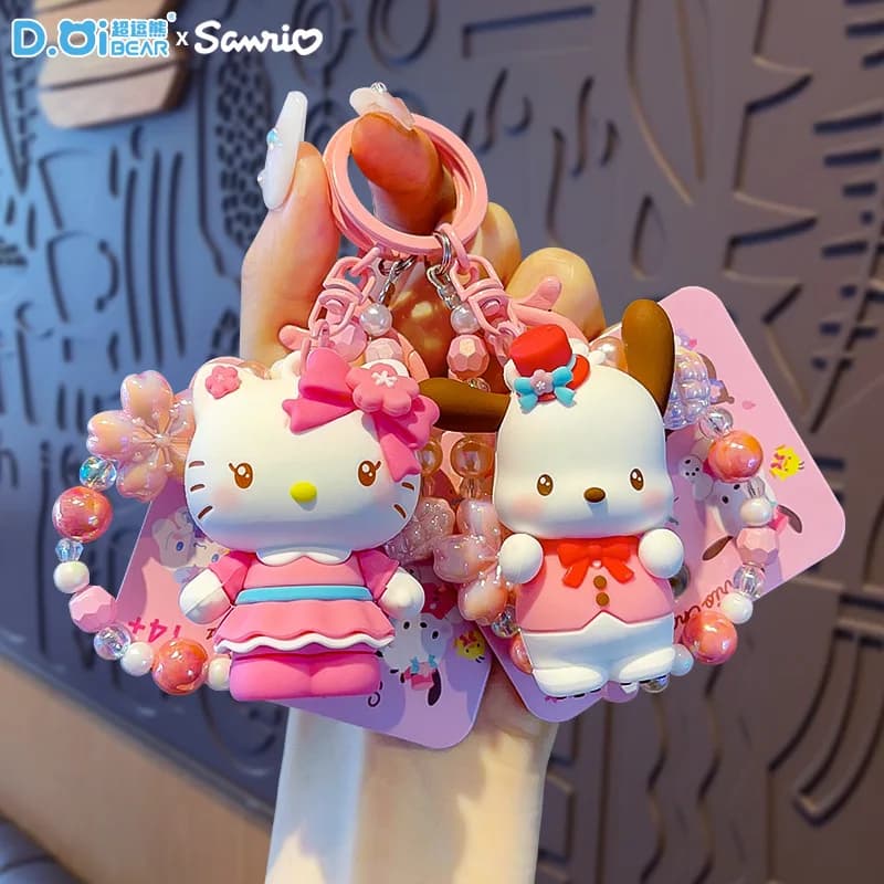 Autentico Portachiavi Sanrio Serie Fiori di Ciliegio Scintillanti con Perline, Ciondolo per Zaino con Bambola KT Cat, Portachiavi per Auto