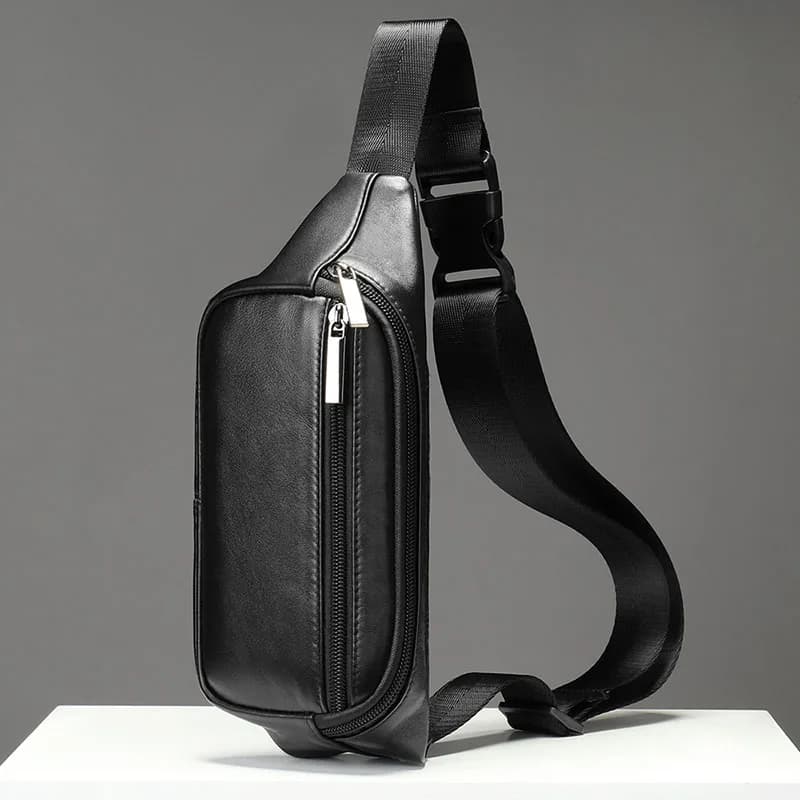 Luufan Multifunction Men's Chest Bag 2 Use Genuine Leather Male Single Shoulder Belt Waist Bag Sling Chest Pack For Biker Black