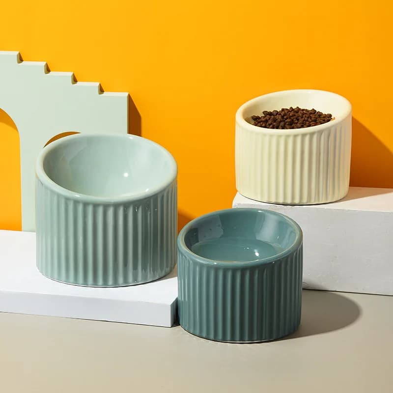 Ciotola in Ceramica con Supporto per Proteggere la Colonna Cervicale, Ciotola Anti-Ribaltamento per Animali Domestici, Design a Strisce Verticali, Ciotola per Cibo e Acqua