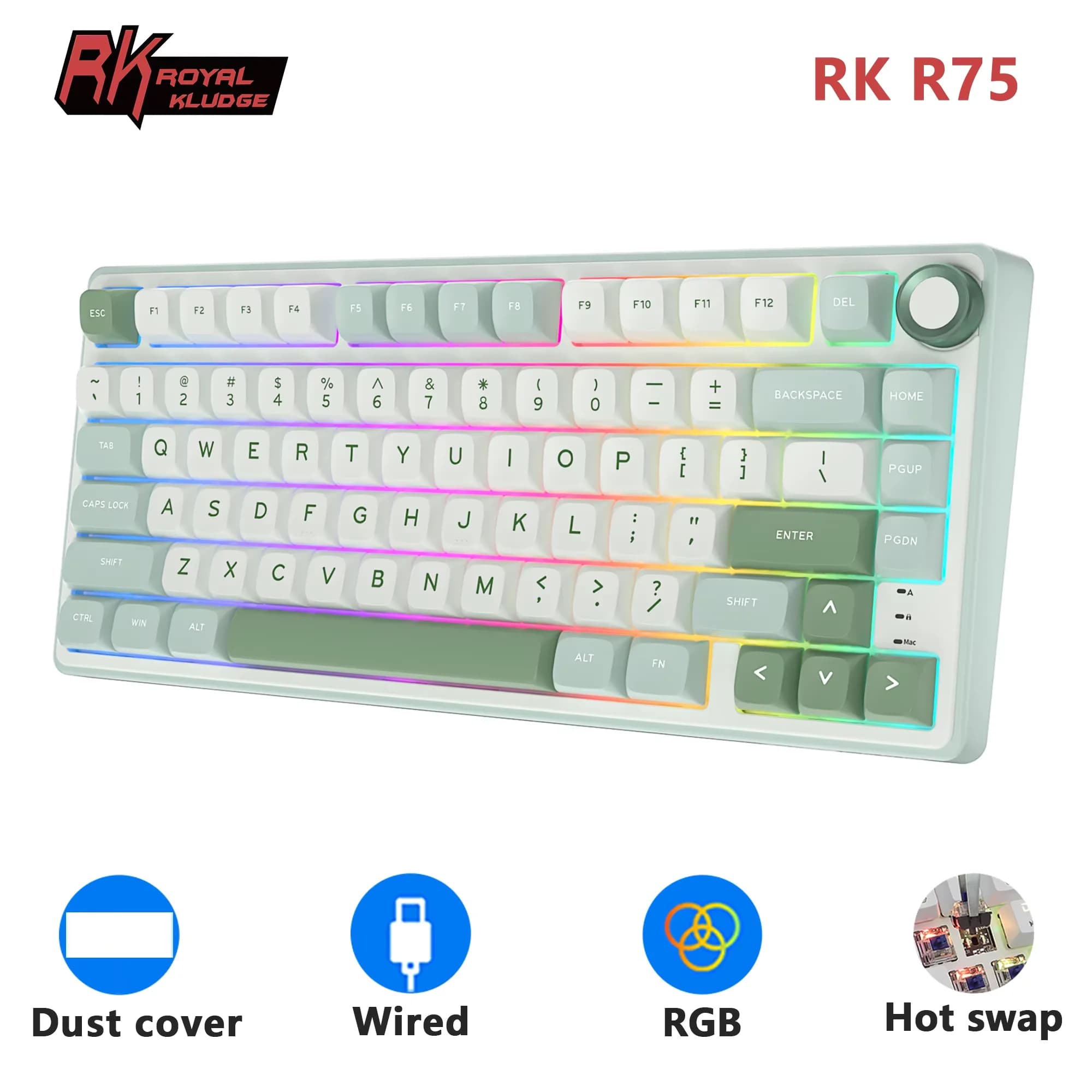 RK Royal Kludge R75 Mechanical Keyboard with Cable, 80 Keys, RGB Retro Illumination, Hot-swappable, Spanish Layout, Keycaps MDA PBT