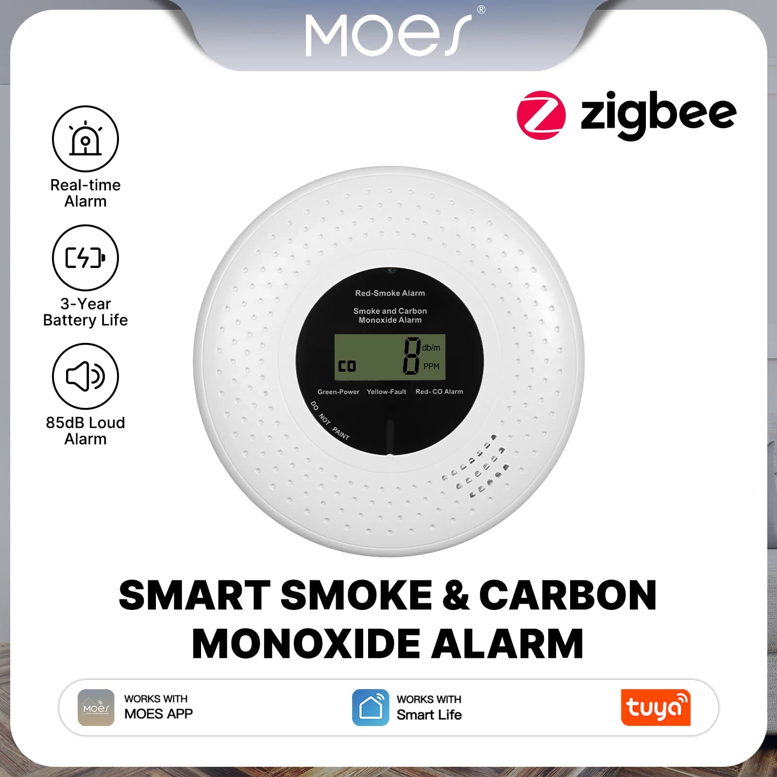 MOES Tuya Zigbee Smart Smoke Carbon Monoxide Alarm 85dB Sound Siren Sensor CO Detector Gas Leak Home Safety APP Remote Monitor