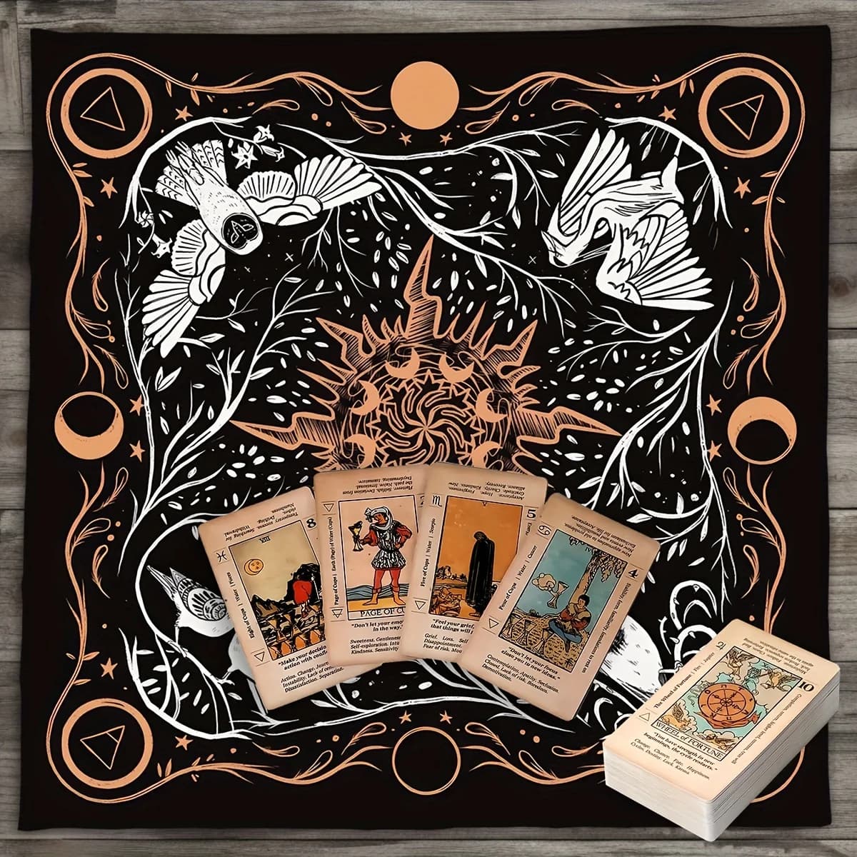 Panno per altare i tarocchi mistici e uccelli celesti, copertura per tavolo dei tarocchi dell'astrologia elementare, tappetino per carte oracolo stregoneria, tessuto in poliestere