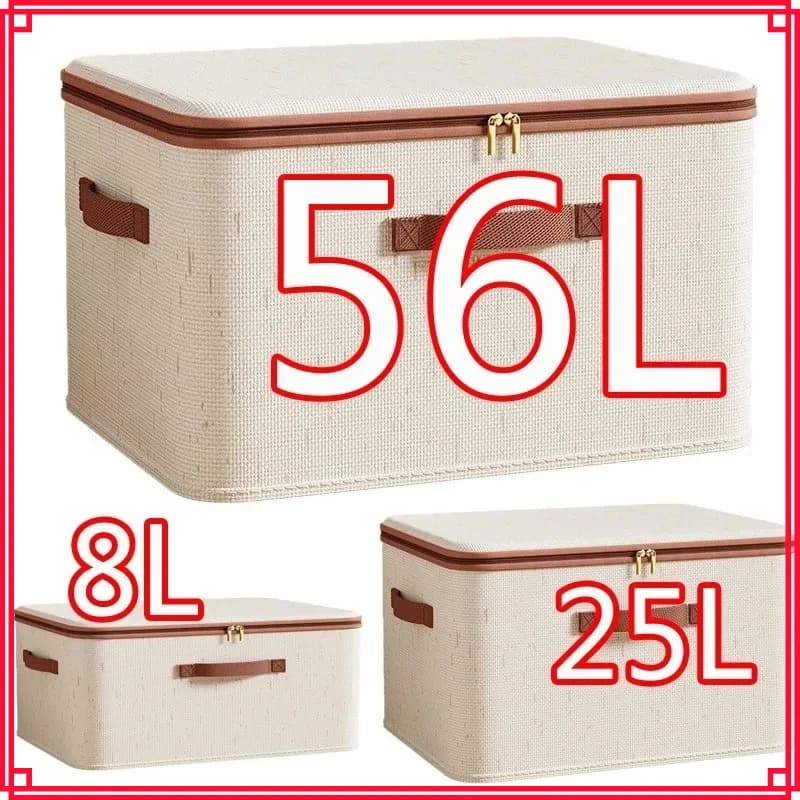 Large box for home, durable, with rigid shell in cotton and linen, with zipper and cover, for clothes, toys and blankets