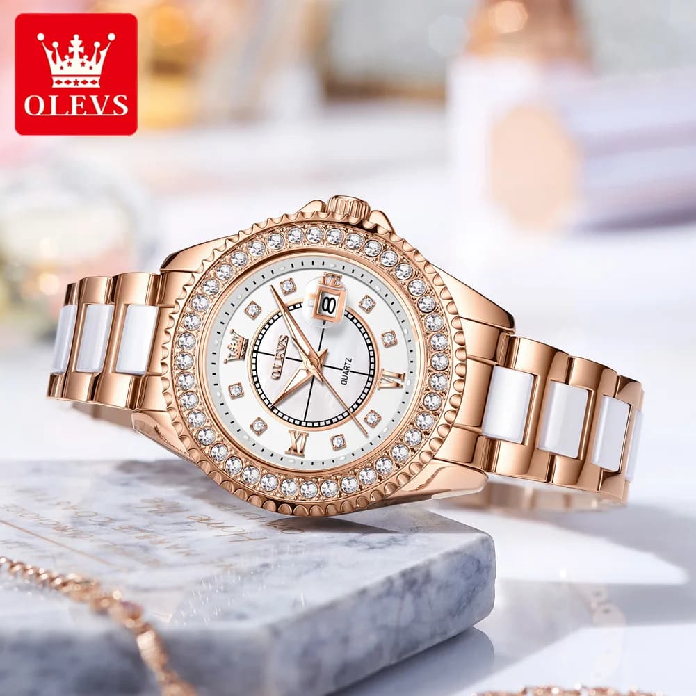 OLEVS 3685 Orologio di Lusso da Donna con Calendario, Lunetta con Diamanti, Luminoso, Impermeabile, Movimento al Quarzo, Elegante Orologio da Polso Femminile