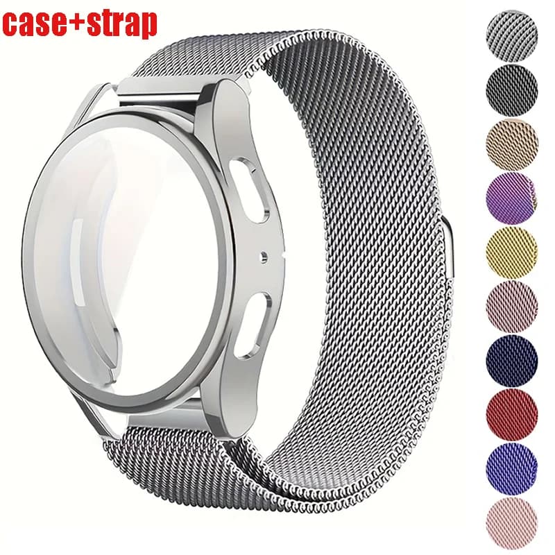Pack of 2 pieces of tempered glass + case + Milanese ring strap for Samsung Galaxy Watch 7 6 44/40mm straps protective cover accessories for screen