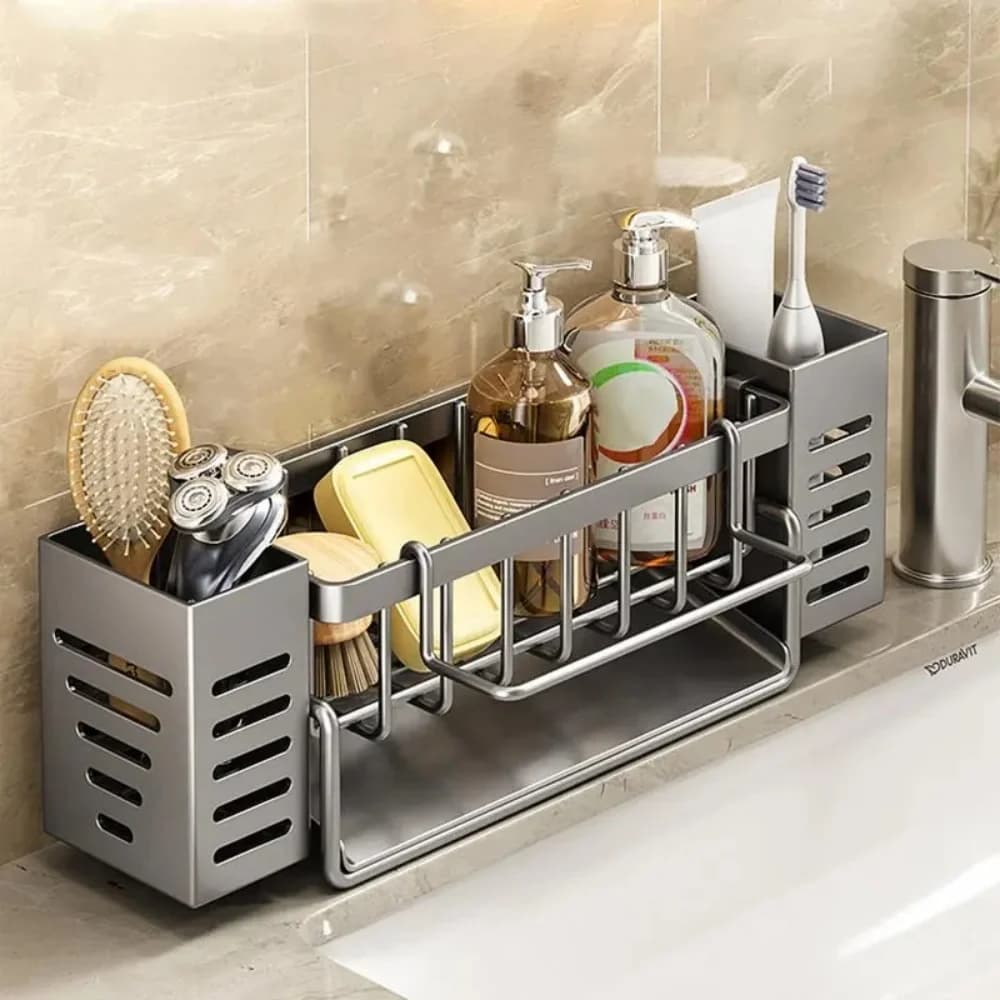 Portaoggetti da cucina in acciaio inox, salvaspazio, con porta spugne integrato e cestello di drenaggio per la pulizia e lo stoccaggio in cucina