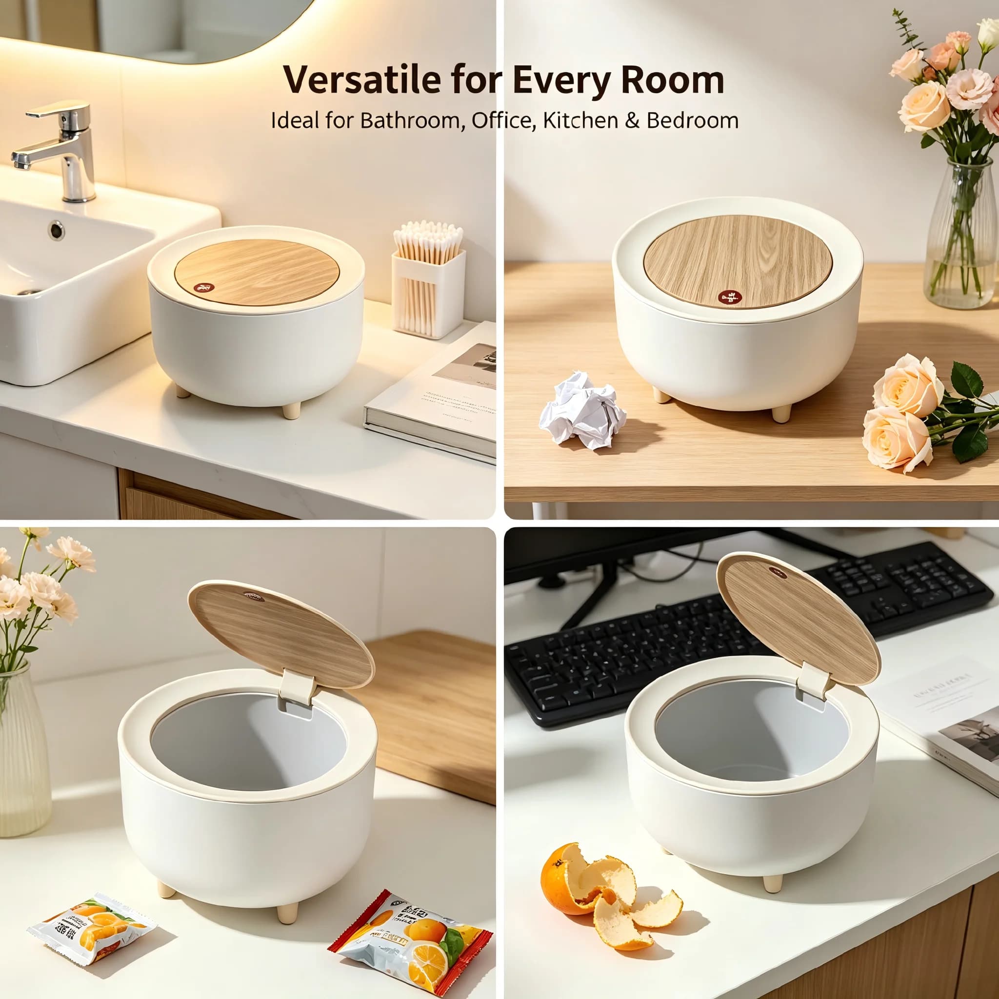 Round Mini Tabletop Trash Can with Wood Grain Flip Lid, Waterproof Easy-Wipe Compact Countertop Waste Bin with Non-Slip Raised Feet for Bathroom Vanity, Bedroom Nightstands & Office Desks