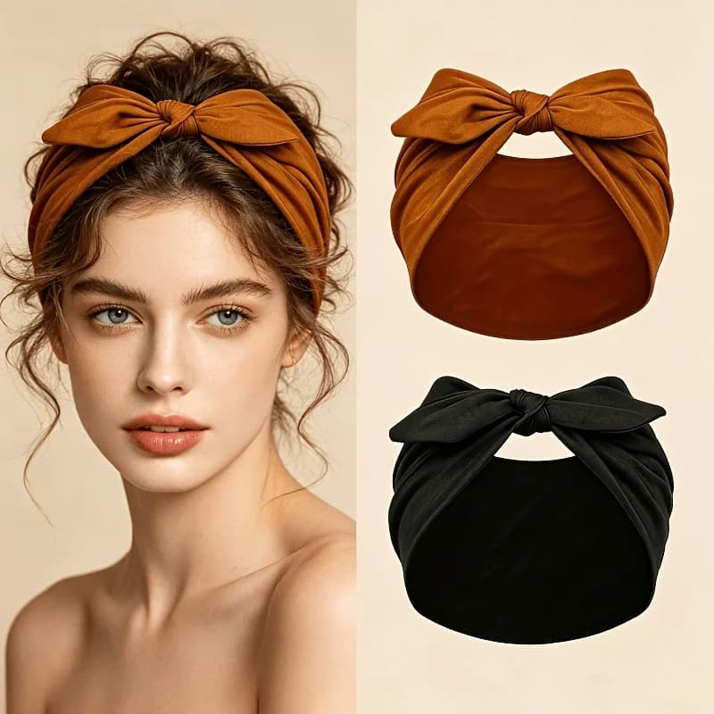 2pcs Bohemian-Style Bow Headscarf and Hair Bands, Soft and Stretchy Wide Headbands for Women, Non-Slip Elastic Hair Ties