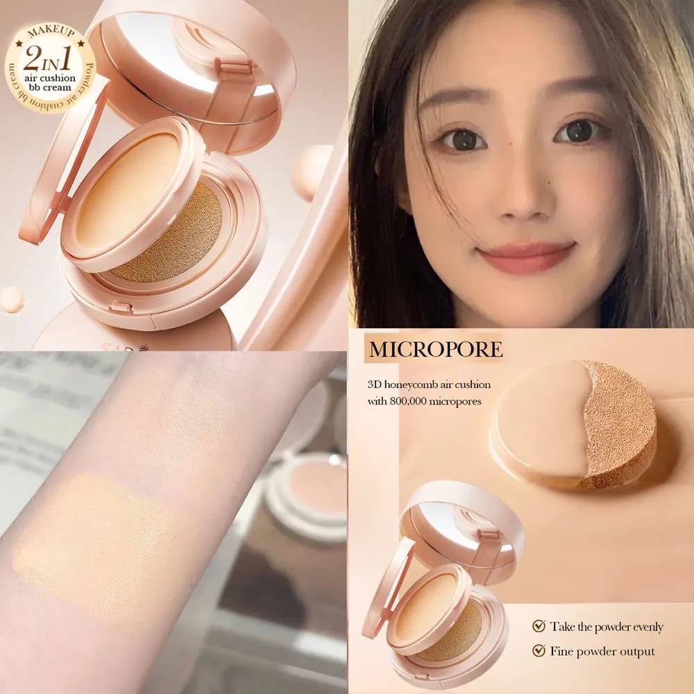 SADOER Powder Air Cushion Flawless BB Cream 2 in 1 Correttore a Lunga Durata