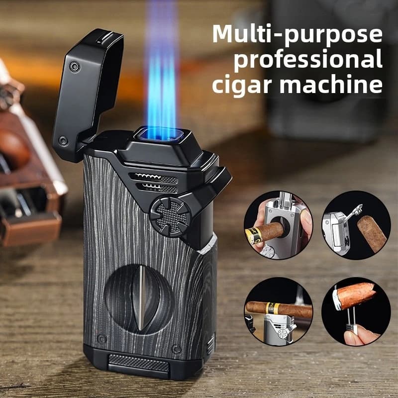 Accendisigari a quattro fiamme blu Coltello per fumo a V Impianto di perforazione per sigari Forchetta anti-attacco Ventilazione visiva Accendino di accensione multifunzionale