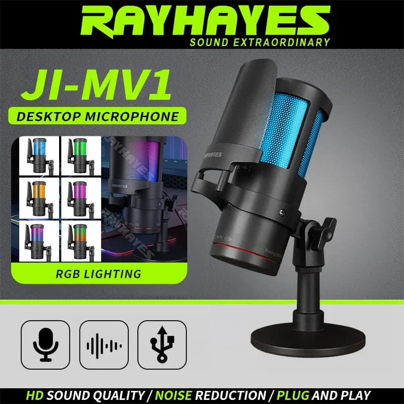 Microfono da gaming USB RAYHAYES JI-MV1 con cancellazione del rumore, effetti di illuminazione RGB e monitoraggio tramite cuffie
