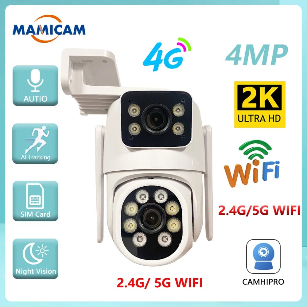 Camera IP WIFI 4MP 3G 4G SIM Card PTZ Cameras 4MP video surveillance External Double lens ZOOM Alarm Color Night Camhipro App
