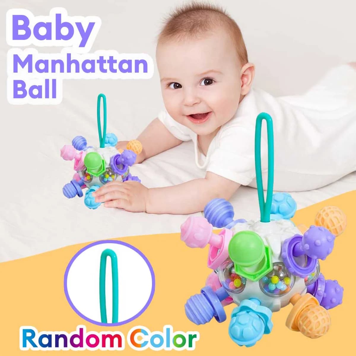 Baby Manhattan Grasping Ball 3-in-1 Teether, Rattle, and Soft Rubber Grasping Toy for Early Education and Teething Relief Gift