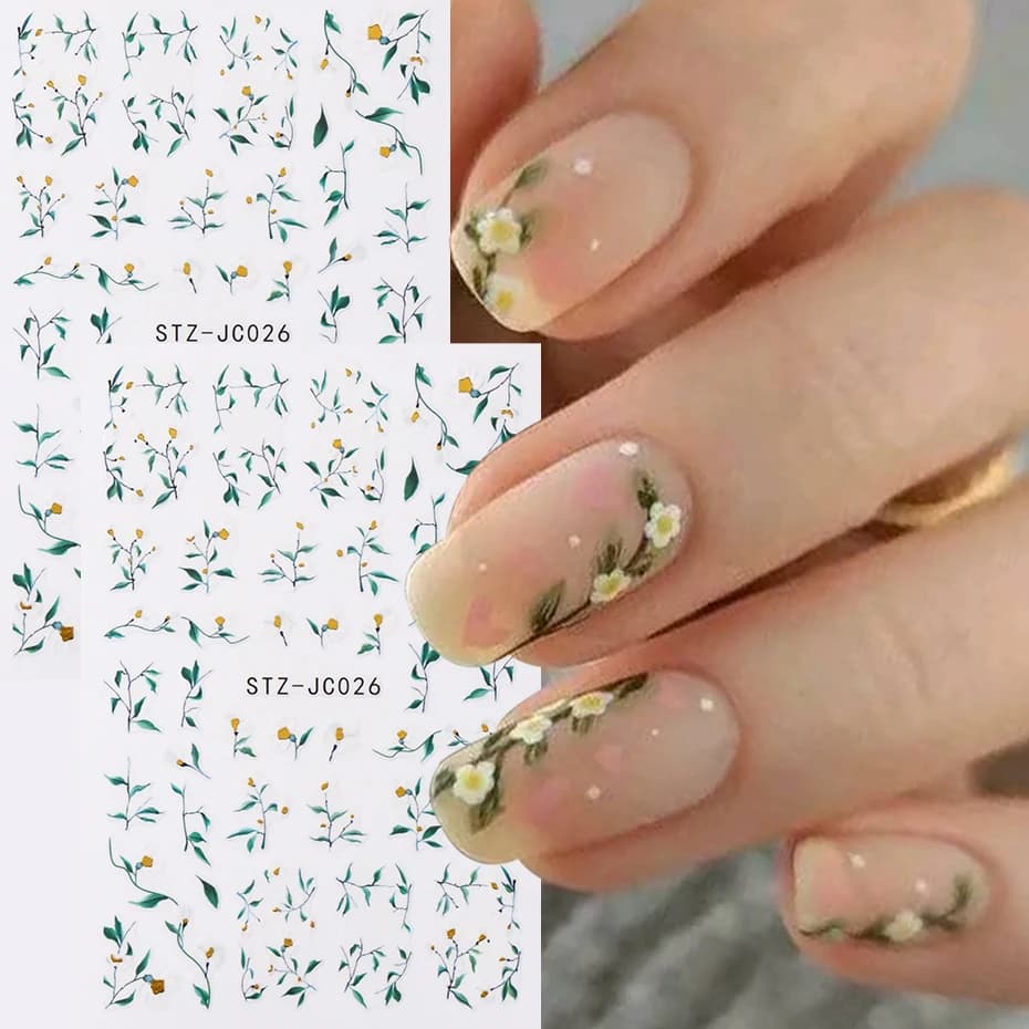 2 pcs 3D Elegant Mini Wild Daisy Nail Stickers Tropical Leaves Adhesive Sliders for Nails Spring Summer Wedding Party Nail Decor