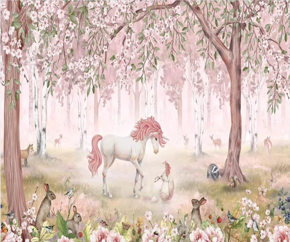 Carta da parati murale personalizzata con unicorno da favola, motivo animali della foresta, decorazione per la cameretta dei bambini