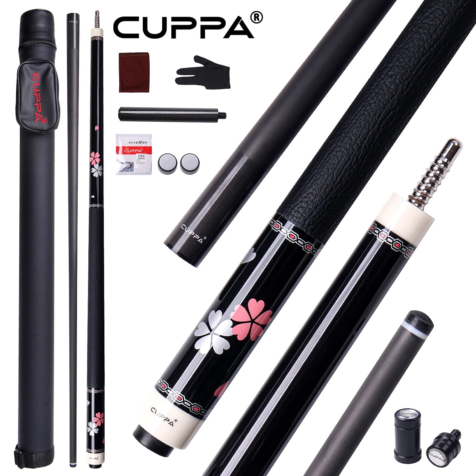 Canna da Biliardo CUPPA in Fibra di Carbonio da 58 Pollici, 1/2 Pezzi, Asta High-Tech con Giunto Radiale, Impugnatura in Pelle con Accessori per Casa e Club