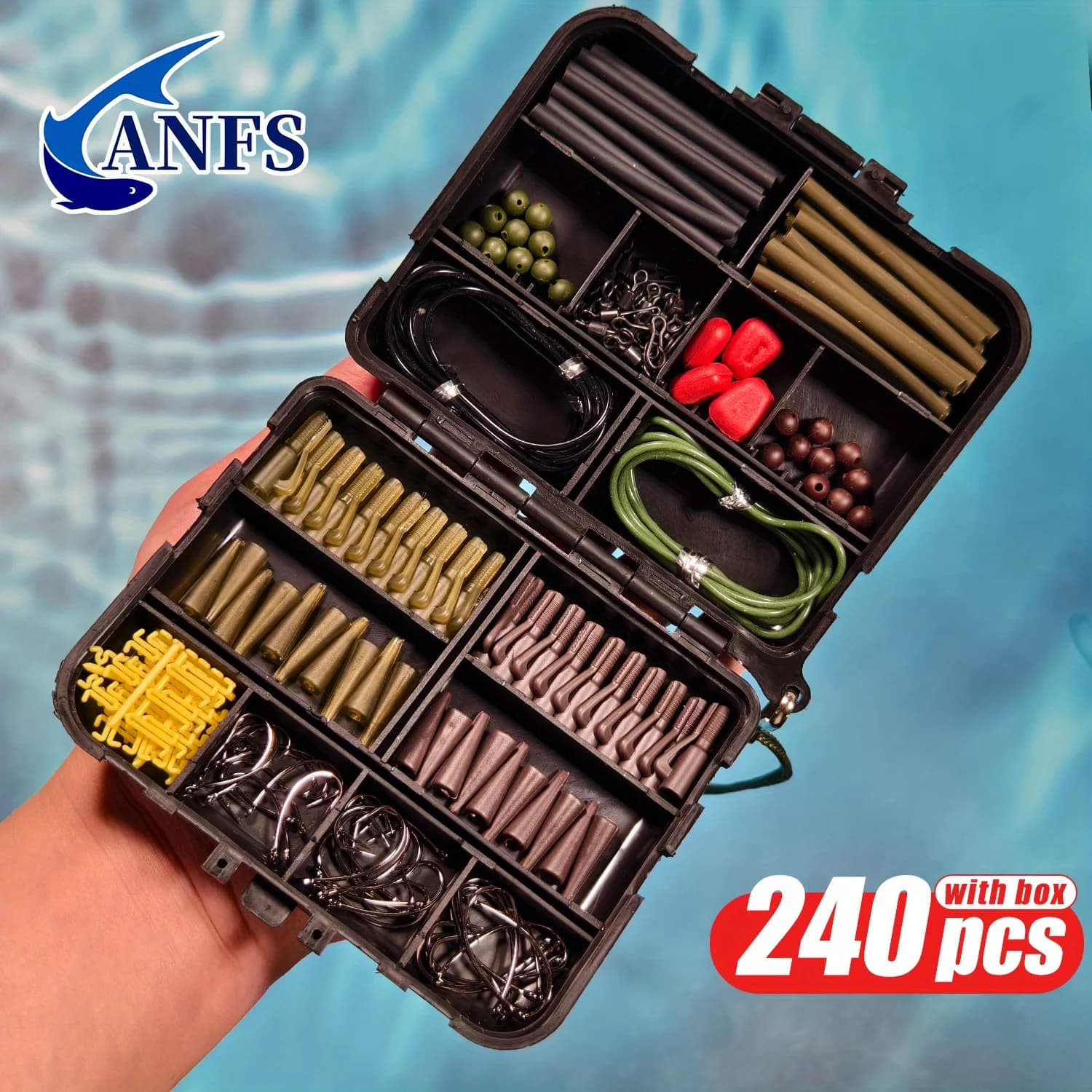 ANFS Premium Turiou carp fishing kit from 240 pieces - Complete set with corn hooks, swivel plugs, - European style fishing gear box