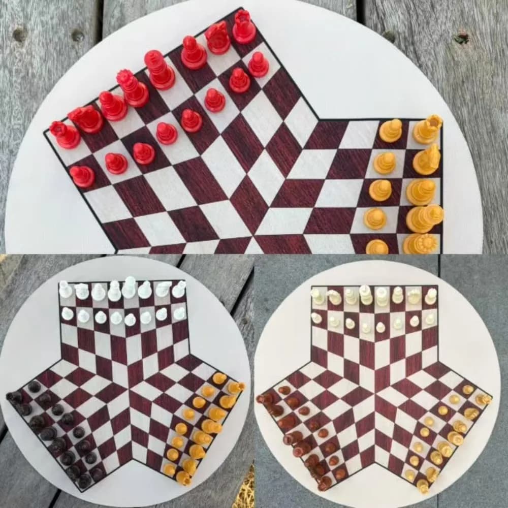 3-Player Chess Set, Rubber Chessboard, Includes 35cm Wood-grain Imitation Chessboard with 48 Pieces in Three Colors