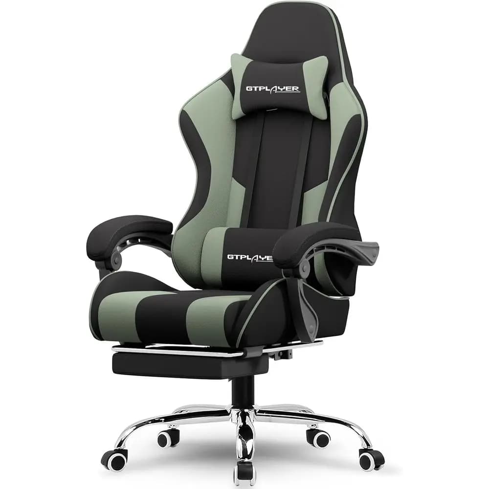 Sedia da gaming in tessuto verde con poggiapiedi, supporto lombare e rotazione a 360° ° Sedia Girevole per Casa o Ufficio