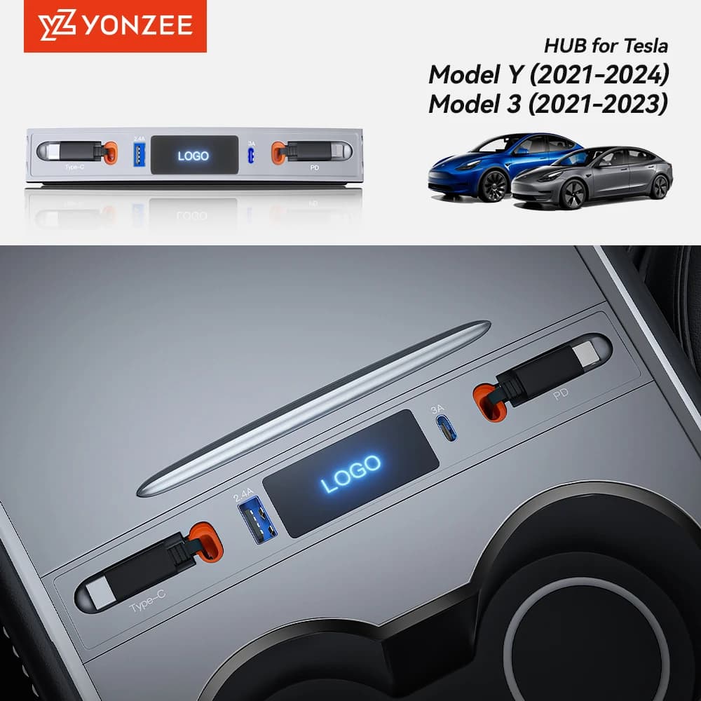 YZ For Tesla Model 3 Y 2023 27W Quick Charger USB Shunt Hub Docking Station Smart Car Adapter Powered Splitter Extension