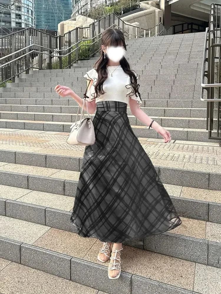Summer New Style Japanese High Waist Plaid Splice Slim Fit Long Dress Women's Sleeveless A-Line Dress Shoulder Bared Dress